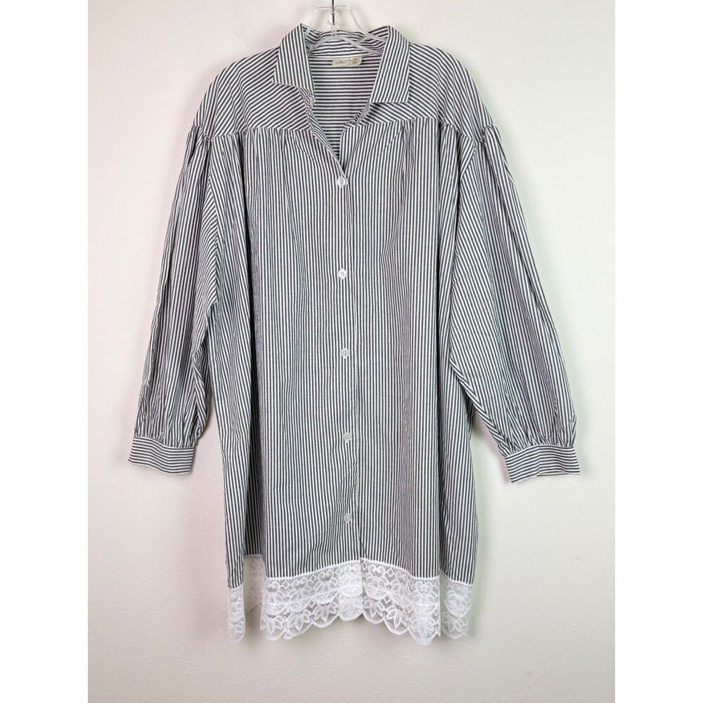 Vintage Victoria's Secret Striped Shirt Dress Size XL Lace Hem Cottagecore 90s